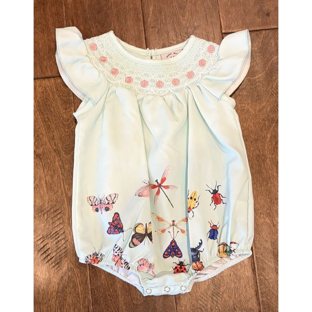 Marie Nicole Baby Girls Smocked Bubble Romper Size 6-12M Teal